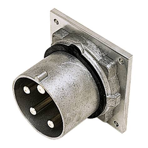 Metallischer industrieller kreisförmiger elektrischer Stecker, der auf einer quadratischen Platte montiert ist, in Nahaufnahme auf weißem Hintergrund gezeigt.