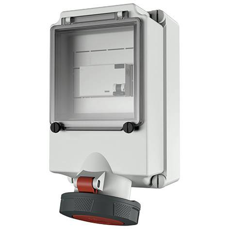 Wandmontierte elektrische Schalttafel mit transparentem Schutzgehäuse und angebrachtem rot-schwarzem Industriestecker oder -verbinder.