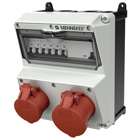 Wandmontierte MENNEKES Stromverteilungsbox mit transparentem Schalterabdeckung und zwei roten Industriesteckdosen an der Vorderseite.