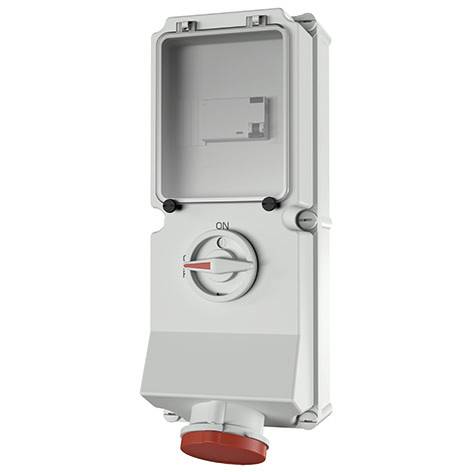 Weiße elektrische Trennschalter-Box mit transparentem Deckel und Drehschalter für EIN/AUS, gezeigt auf einfachem Hintergrund.