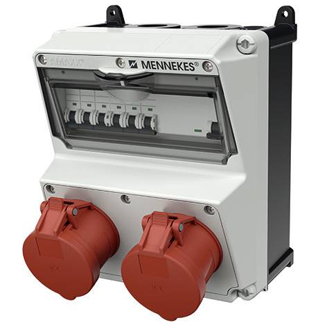 Wandmontierte MENNEKES Elektroverteilungsbox mit transparentem Schalter-Sichtfenster und zwei roten Industriesteckdosen.