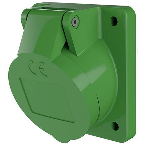 Grüne Abdeckung für Industriesteckdose mit aufklappbarem rundem Deckel, montiert auf einer quadratischen Wandplatte.