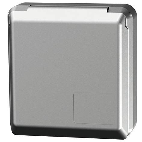 Silberfarbene Metall-Elektroschalter-Abdeckplatte mit blanker Mitte und abgerundeten Kanten, dargestellt auf einfachem weißem Hintergrund.