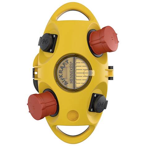 Gelbe industrielle elektrische Anschlussdose mit vier roten und schwarzen verschlossenen Anschlüssen und einem klaren Mittelfenster mit der Bezeichnung "MENNEKES".