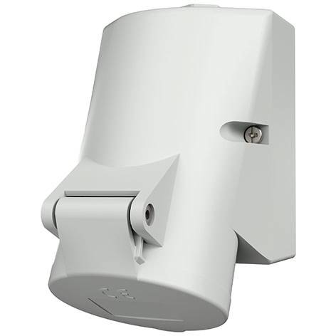 Weiße zylindrische, wandmontierte Steckdose oder Steckeradapter mit Scharnierdeckel und sichtbarer Schraube