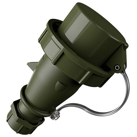 Olivgrüne Kommunikations-Kopfhörer im Militärstil oder Kopfhörer-Komponente mit angekabeltem Kabel auf weißem Hintergrund.