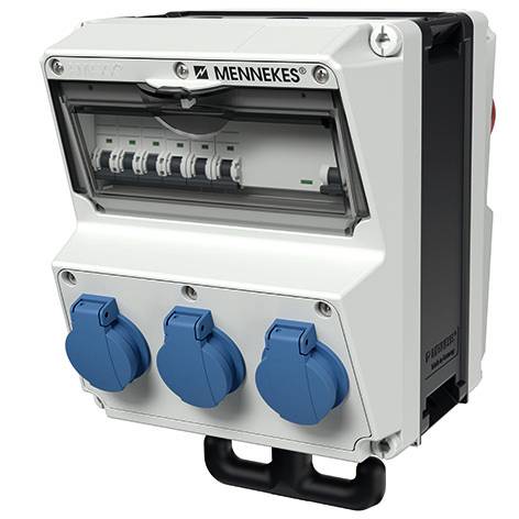 Wandmontierter Stromverteiler mit transparentem Deckel, Schutzschaltern und drei blauen Steckdosen.