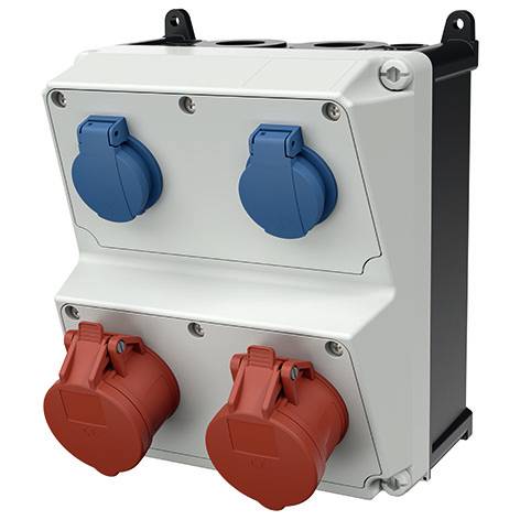 Industrielle Steckdosenbox mit zwei blauen Steckdosen oben und zwei roten Steckdosen unten, in einem Metallgehäuse mit schwarzen Montageklammern.