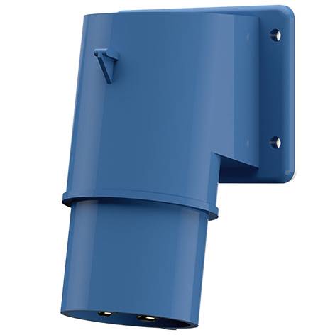 Blauer wandmontierter elektrischer Stecker oder Steckdose mit abgewinkeltem Gehäuse und zwei Schraubenlöchern
