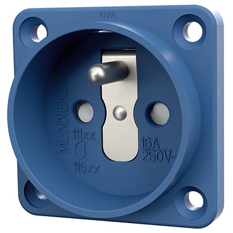 Blaue Industriesteckdose mit zwei runden Löchern und einem geerdeten Mittelschlitz, gekennzeichnet mit 16A 250V.