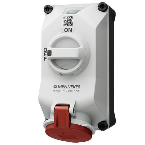 Weiße MENNEKES Elektroschalterbox mit EIN/AUS-Drehknopf und roter Schutzabdeckung für die Steckdose
