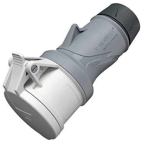 Industrieller Elektrostecker mit grauem Gehäuse und schwarzer gerippter Kappe, dargestellt auf weißem Hintergrund.