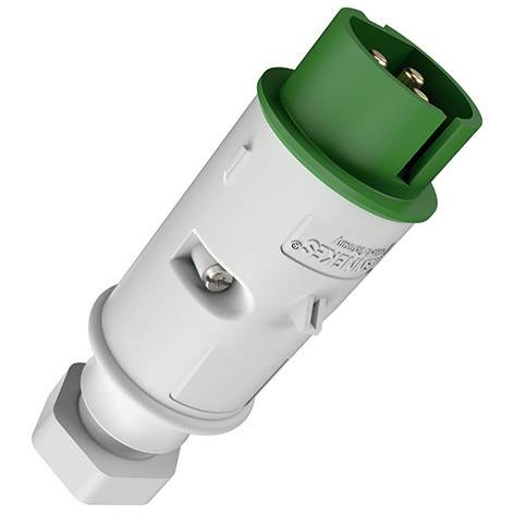 Weißer und grüner Stecker für industrielle elektrische Verbindungen auf neutralem Hintergrund.