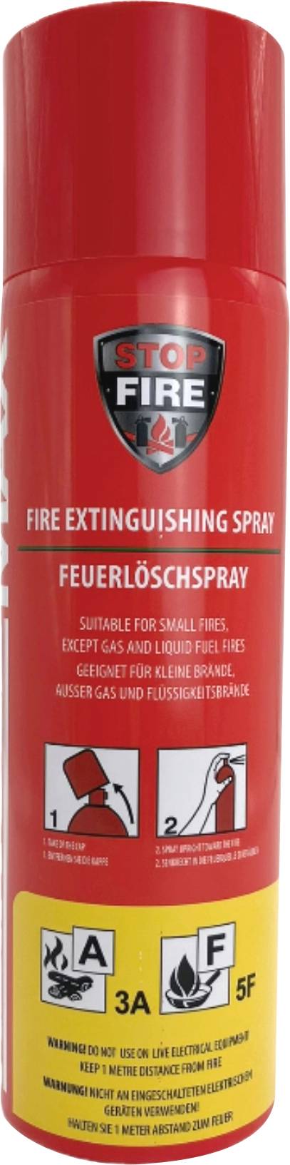 Ein roter Feuerlöschspray mit der Aufschrift 'STOP FIRE' und 'FEUERLÖSCHSPRAY' beschriftet, mit Piktogrammen, die zeigen, wie man ihn bei Bränden einsetzt.