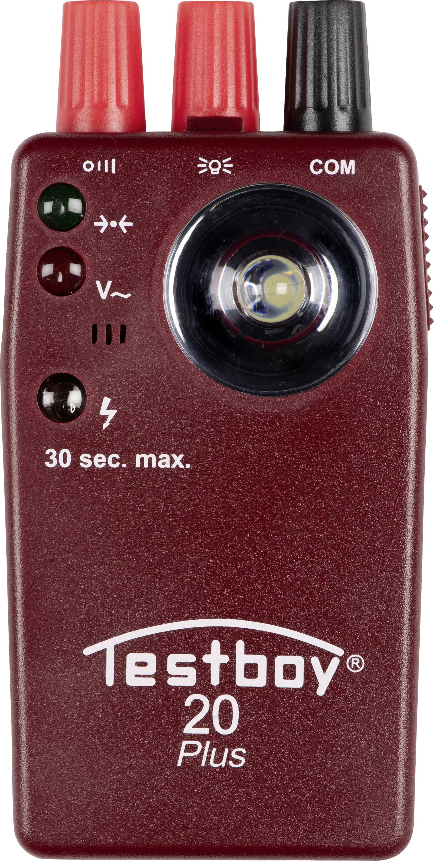 Ein kastanienbraunes Testboy 20 Plus Elektrotester mit drei oberen Anschlüssen, einer zentralen Taschenlampenlinse und Beschriftungen einschließlich „COM" und „30 Sek. max."