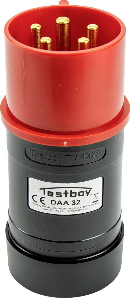 Roter zylindrischer elektrischer Stecker oder Testgerät mit freigelegten Messingstiften oben und einer Beschriftung mit der Aufschrift "Testboy" und "DAA 32".