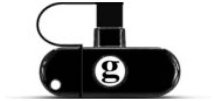 Schwarzes USB-Speicherlaufwerk mit weißem „g"-Logo auf dem Gehäuse und einer kleinen angebrachten Schlaufe.