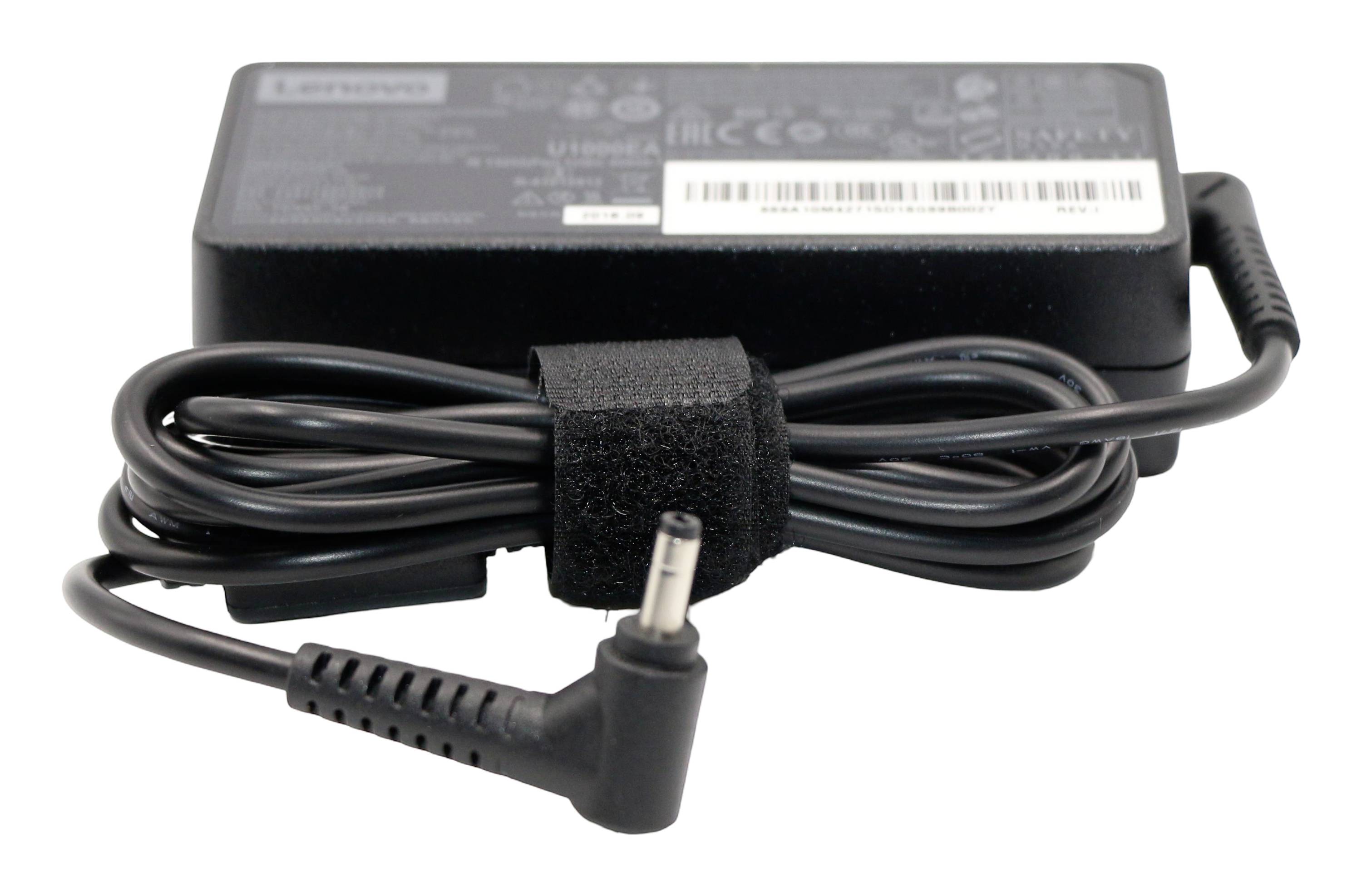 Schwarzer Laptop-Netzadapter mit gewickeltem Kabel und abgewinkeltem Zylinderstecker