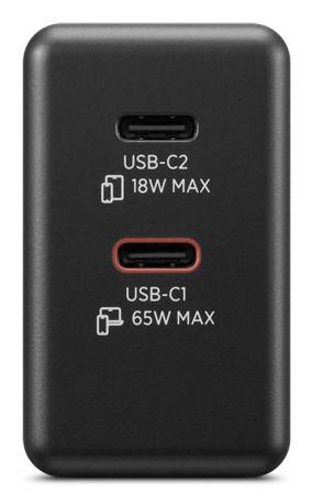 Schwarzes Ladegerät mit zwei USB-C-Anschlüssen mit den Bezeichnungen „USB-C2 18W MAX" und „USB-C1 65W MAX".