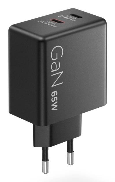 Schwarzes GaN 65W Wandladegerät mit zwei USB-C-Anschlüssen und klappbarem europäischem Stecker