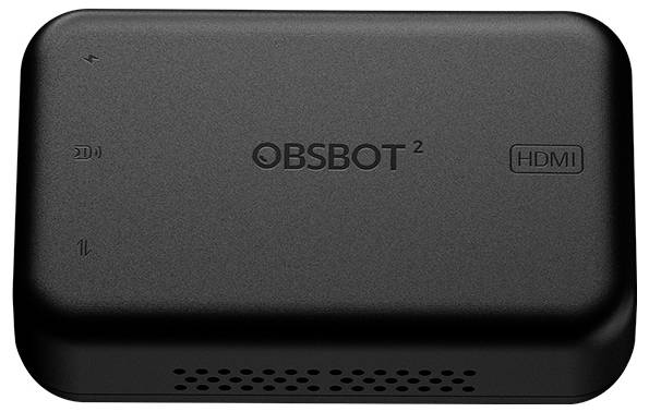 Draufsicht eines schwarzen OBSBOT 2-Kamerageräts mit der Beschriftung HDMI, die seinen kompakten abgerundeten rechteckigen Körper und die Belüftungslöcher an der Vorderseite zeigt.