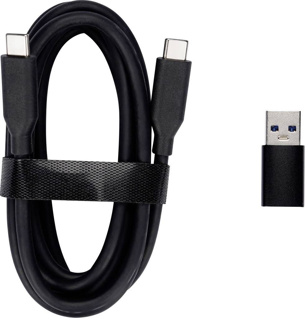 Schwarzes USB-C-Kabel aufgewickelt und mit einem Riemen gesichert, mit separatem USB-A-Adapter daneben auf weißem Hintergrund.