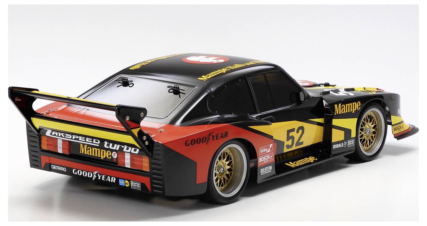 Schwarz-rotes MAMPE Rennwagen mit der Nummer 52, goldenen Rädern und großem Heckflügel auf weißem Hintergrund.