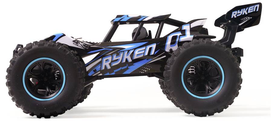 Schwarz-blauer Ryken RC Offroad-Buggy mit übergroßen Reifen, in Seitenansicht auf weißem Hintergrund dargestellt.