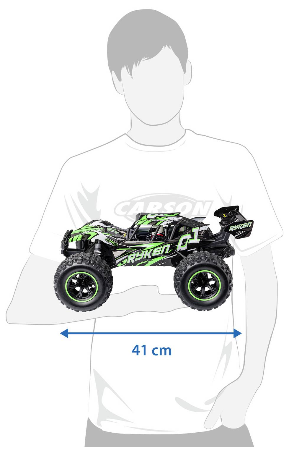 Spielzeug-Geländewagen RC-Lastwagen, der über einen kindgerechten Oberkörper gelegt ist, mit einer Beschriftung von 41 cm Breite, um die Größe des Fahrzeugs anzugeben.