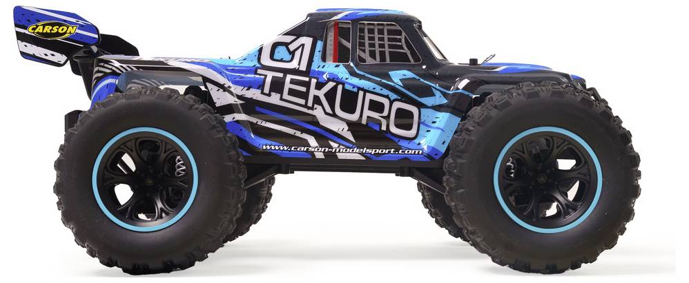 Blauer und schwarzer ferngesteuerter Monstertruck mit übergroßen Reifen und "TEKURO"-Branding auf weißem Hintergrund.