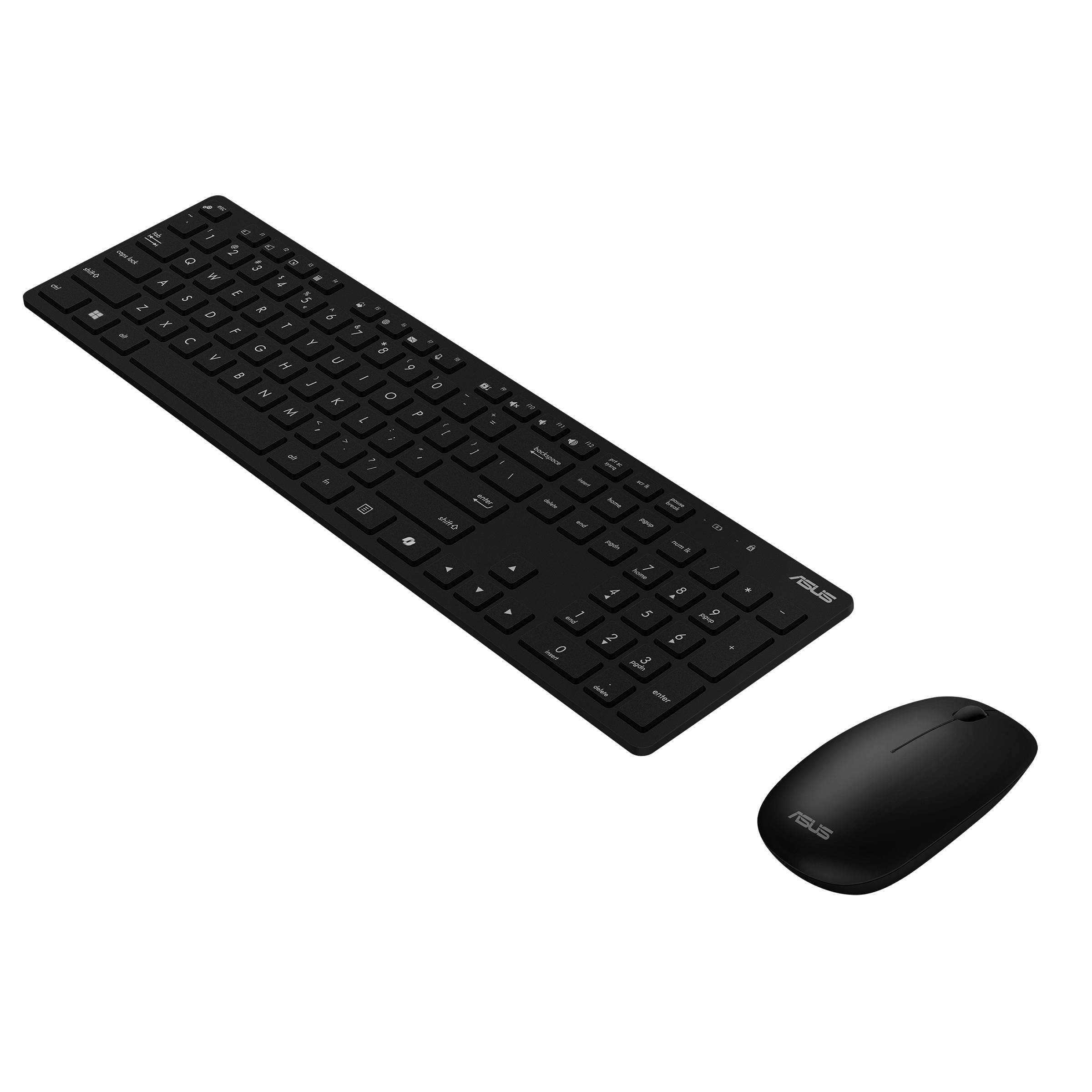 Schwarze kabellose Tastatur und passende Maus auf weißem Hintergrund.