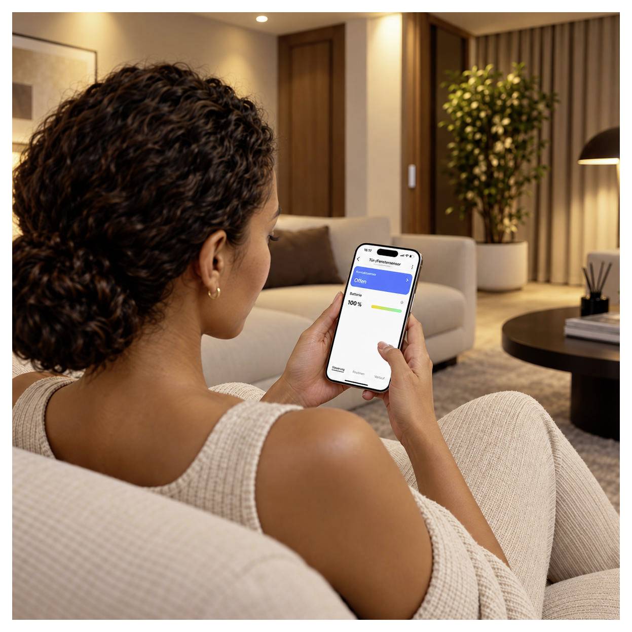 Frau, die sich auf einem Sofa im Wohnzimmer entspannt, nutzt eine Smartphone-App, um den Status eines Geräts zu überprüfen oder einen Zählerstand abzulesen.