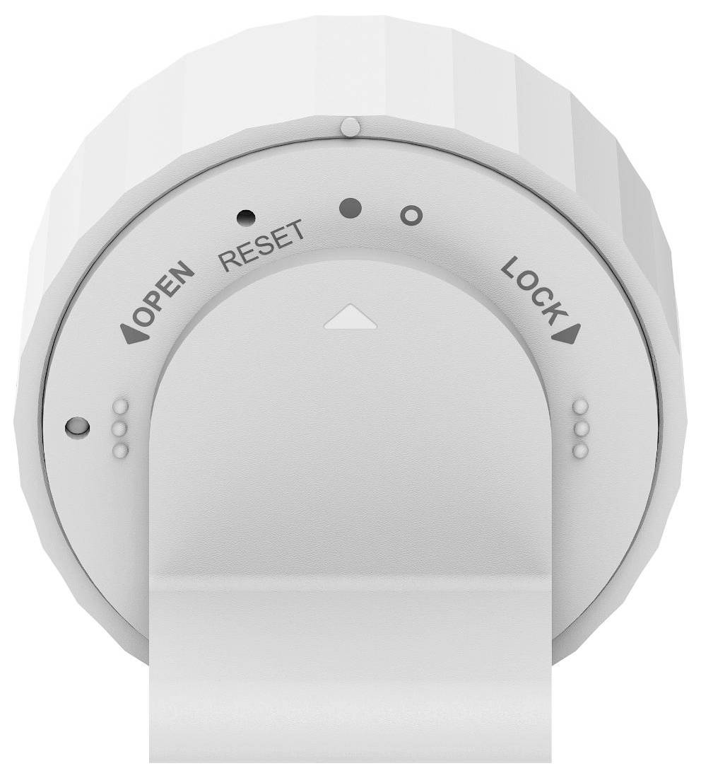 Weißes kreisförmiges Drehgerät mit einem Hebel, gekennzeichnet mit OPEN, RESET und LOCK, was auf einen Verschluss oder Kontrollschalter hindeutet.