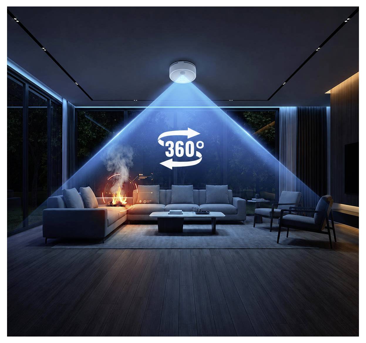 Ein Deckenprojektor wirft einen blauen 360°-Kegel über ein modernes Wohnzimmer mit Sofas und einem Couchtisch und deutet damit auf eine panoramische Abdeckung hin.