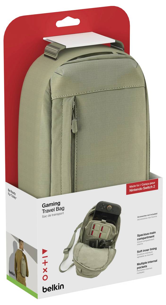 Belkin-Gaming-Reisetasche für die Nintendo Switch 2, zu sehen ist eine beige, kompakte Tragetasche mit mehreren Innentaschen und weichem Innenfutter.