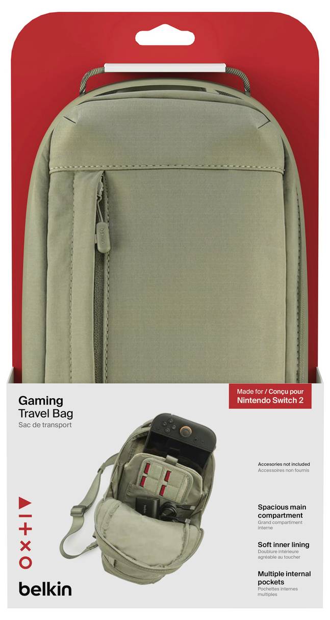 Belkin-Gaming-Reisetasche für Nintendo Switch 2, in Grau auf roter Verpackung mit einer kleinen Einlegeansicht der geöffneten Tasche und aufgelisteten Produktmerkmalen.