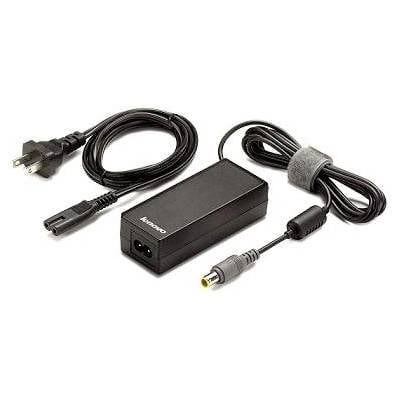 Schwarzer Lenovo-Laptop-Stromadapter mit zwei Kabeln und einem Gleichstromstecker mit gelber Spitze auf weißem Hintergrund.