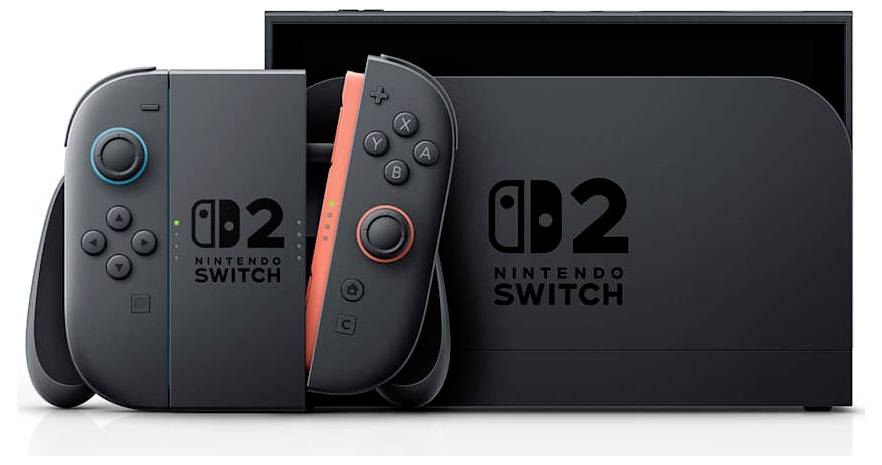 Nintendo Switch 2-Konsole mit Dockingstation und Joy-Con-Controllern vor weißem Hintergrund.