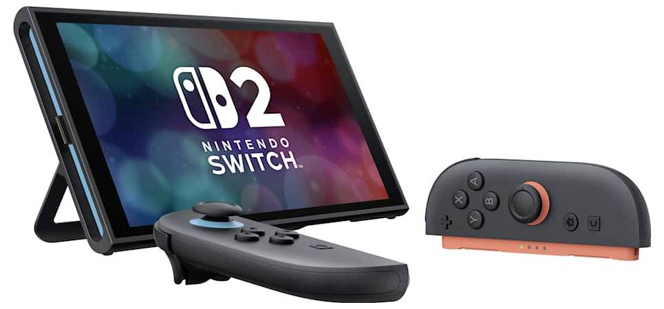 Nintendo Switch-Konsole im Tisch-Modus mit Bildschirm, auf dem "Nintendo Switch" angezeigt wird, Joy-Con-Controller und dockierte Controller-Zubehör.