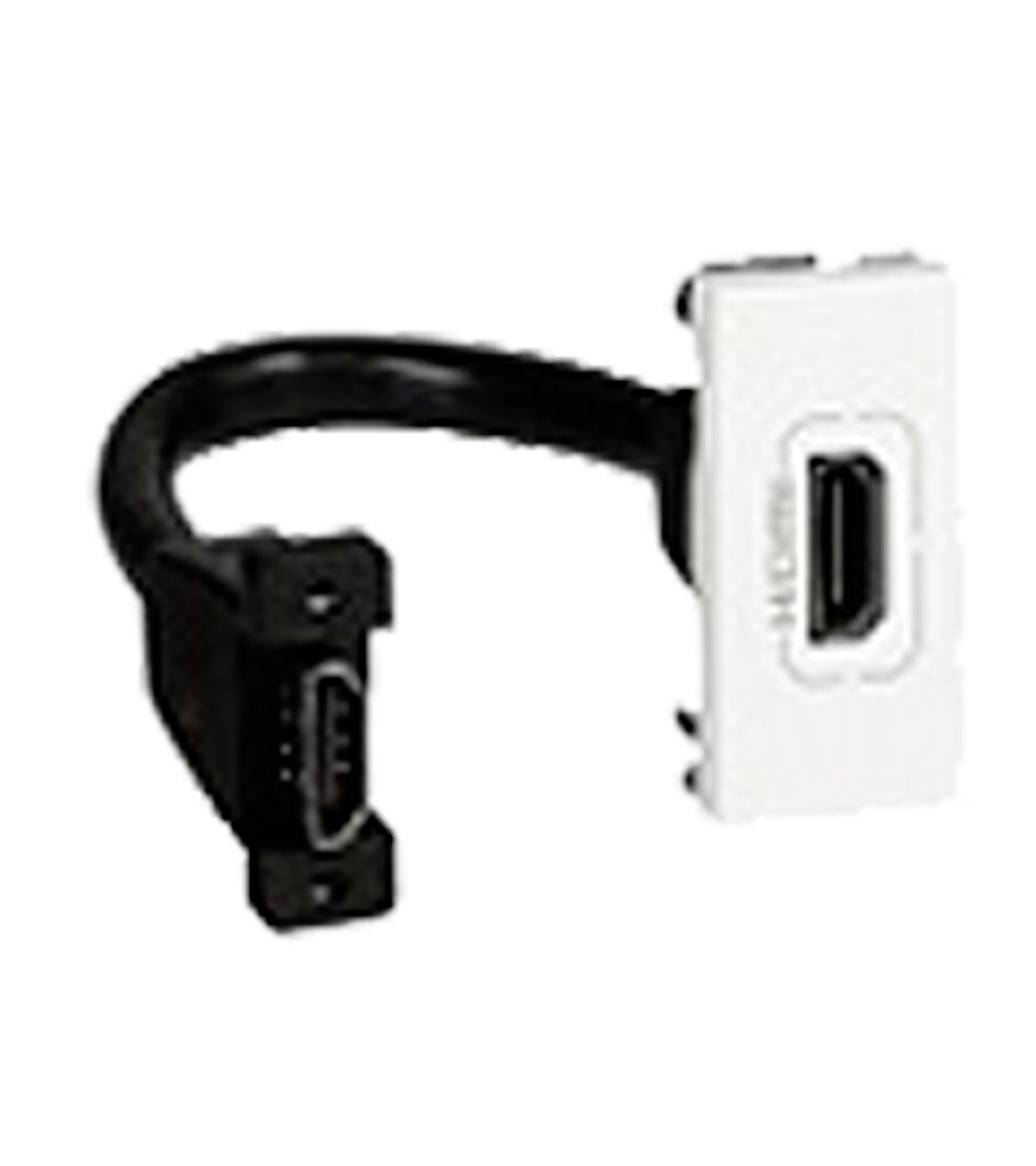 HDMI-Wandplatteneadapter mit kurzem schwarzem Kabel, das zwei weibliche Anschlüsse verbindet, einen weißen und einen schwarzen.