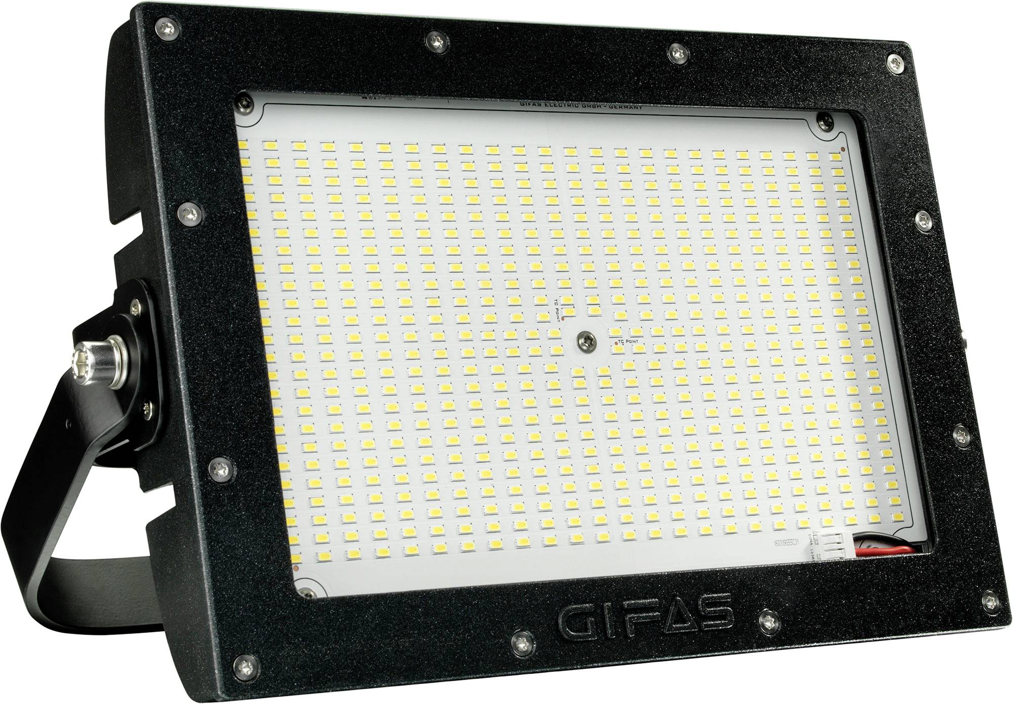 Schwarzer GIFAS LED-Flutlichtstrahler mit einem großen rechteckigen Paneel aus vielen kleinen LEDs auf einer verstellbaren Halterung.