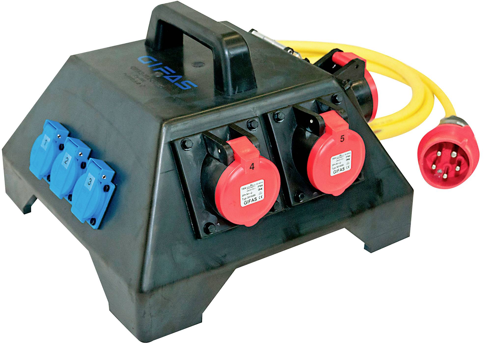 Tragbare elektrische Verteilerdose mit Griff, zwei roten 16A-Steckdosen, drei blauen Steckdosen und einem gelben Stromkabel, das in einem roten Stecker endet.