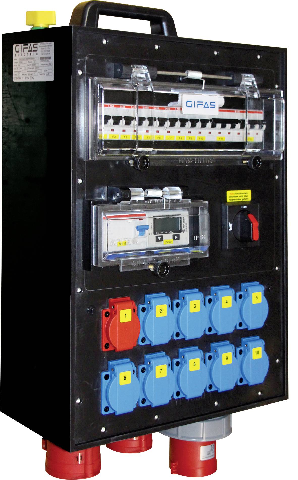 Elektrisches Verteilerpanel mit Leistungsschaltern, beschrifteten Messgeräten und mehreren roten und blauen Steckdosen auf einem schwarzen Gehäuse.