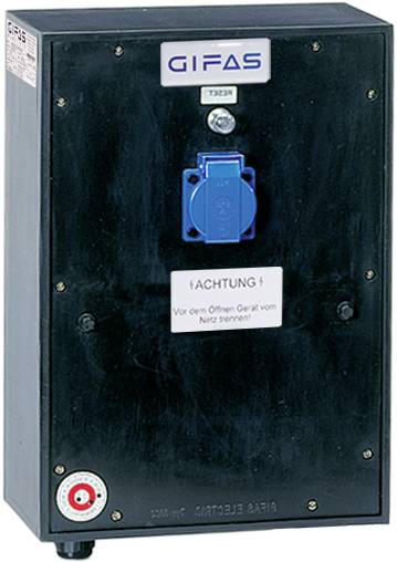 Schwarzer GIFAS-Elektroschrankschrank mit blauer Steckdose und Warnetikett auf der Frontplatte.