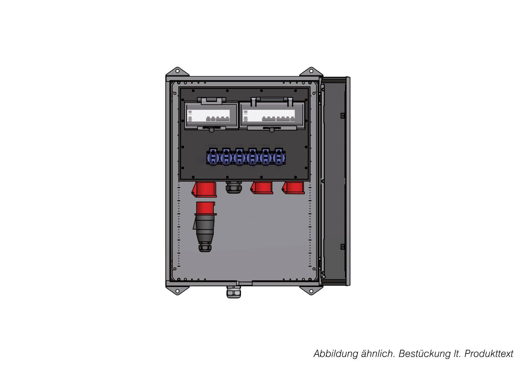 Vorderansicht eines elektrischen Schaltschranks mit intern verlegten Verdrahtungskomponenten, Schaltern und Steckverbindern, die auf einem grauen Panel montiert sind.