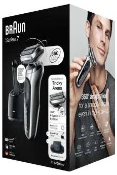 Braun Series 7 Elektrorasierer-Verpackung mit dem Rasierer und einem Mann beim Rasieren, wobei die 360°-Anpassung und die Funktion für schwer erreichbare Stellen hervorgehoben werden.