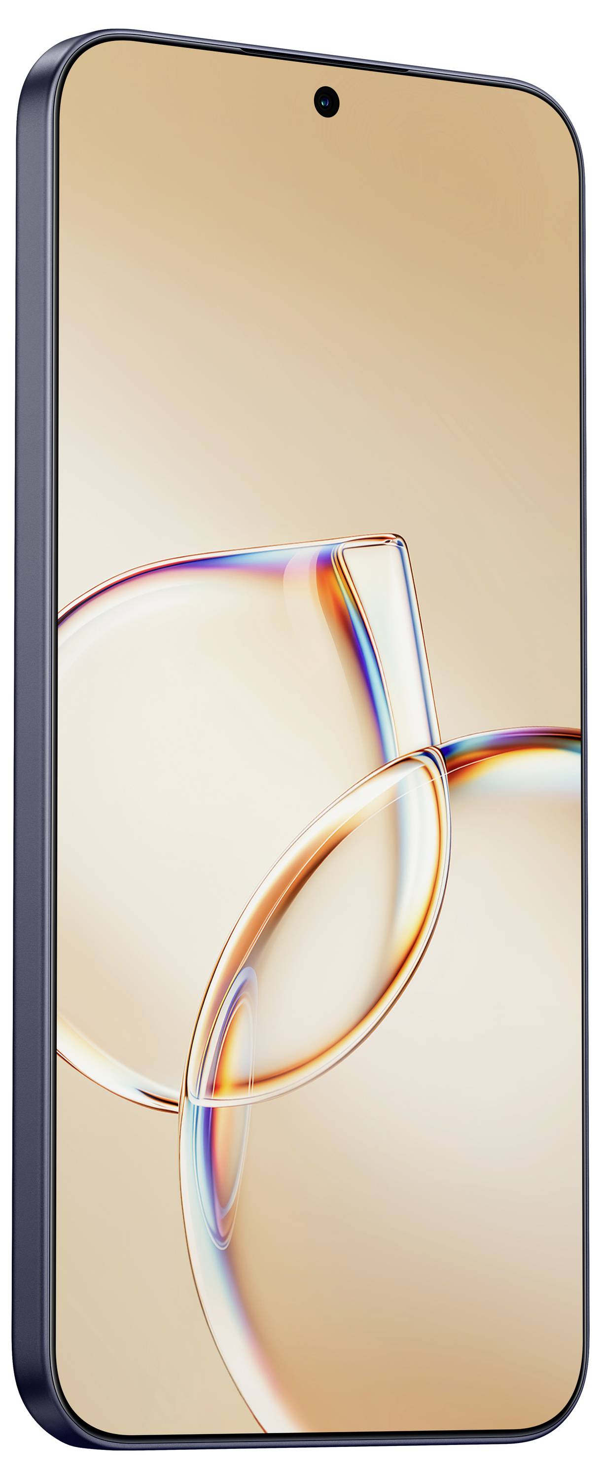 Vorderansicht eines beigen Smartphones mit dünnen Rändern und einer zentrierten Lochkamera, die ein buntes abstraktes Hintergrundbild zeigt.