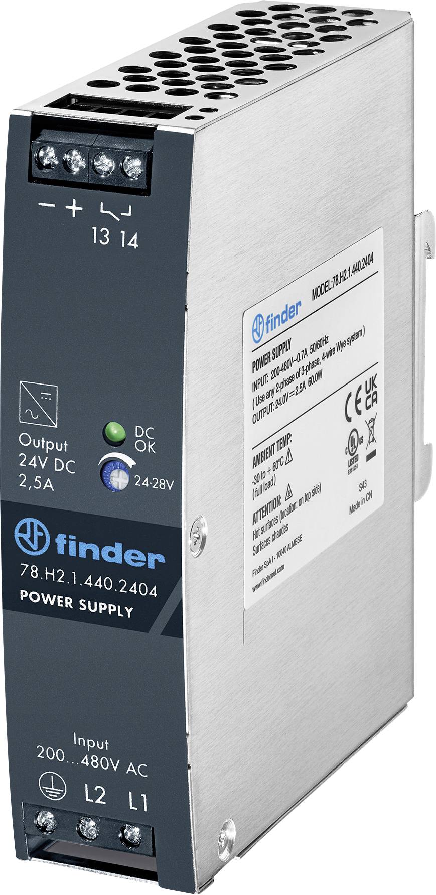 Industrielles DIN-Schienen-Stromversorgungsgerät, gekennzeichnet mit Finder, mit 200-480V AC-Eingang und 24V DC, 2,5A Ausgang; Frontklemmen und Status-LEDs sichtbar.