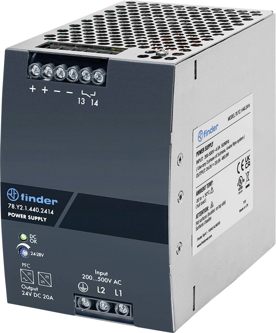Finder Industrie-Stromversorgung mit Schraubklemmen, gekennzeichnet mit Eingang 200-500V AC und Ausgang 24V DC 20A, dargestellt in einem Metallgehäuse.