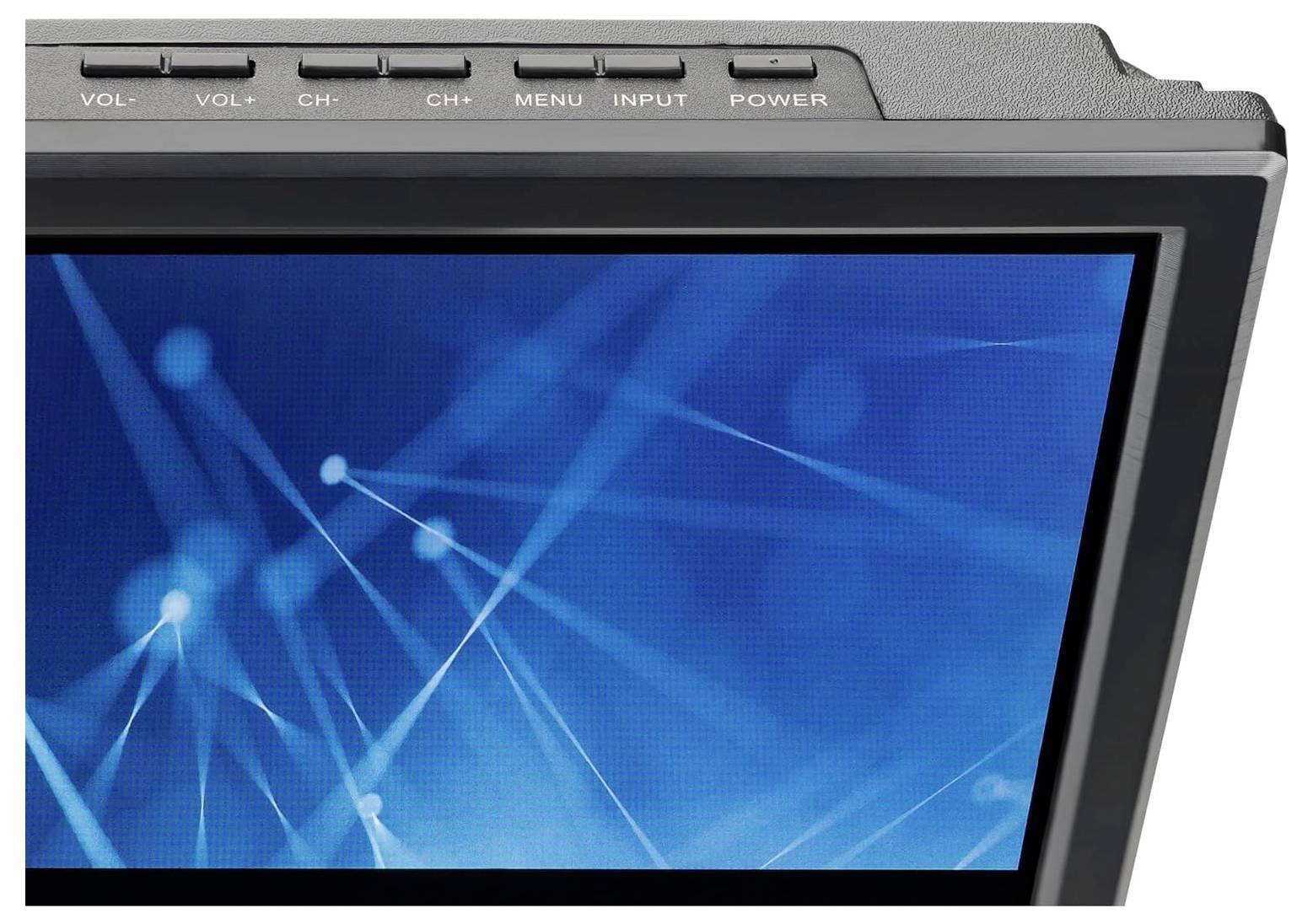 Nahaufnahme eines Flachbildschirm-TV-Displays mit blauen abstrakten Lichtlinien, die den Bildschirm und die oberen Kontrolltasten mit den Beschriftungen VOL-, VOL+, CH-, CH+, MENÜ, EINGANG und POWER zeigen.